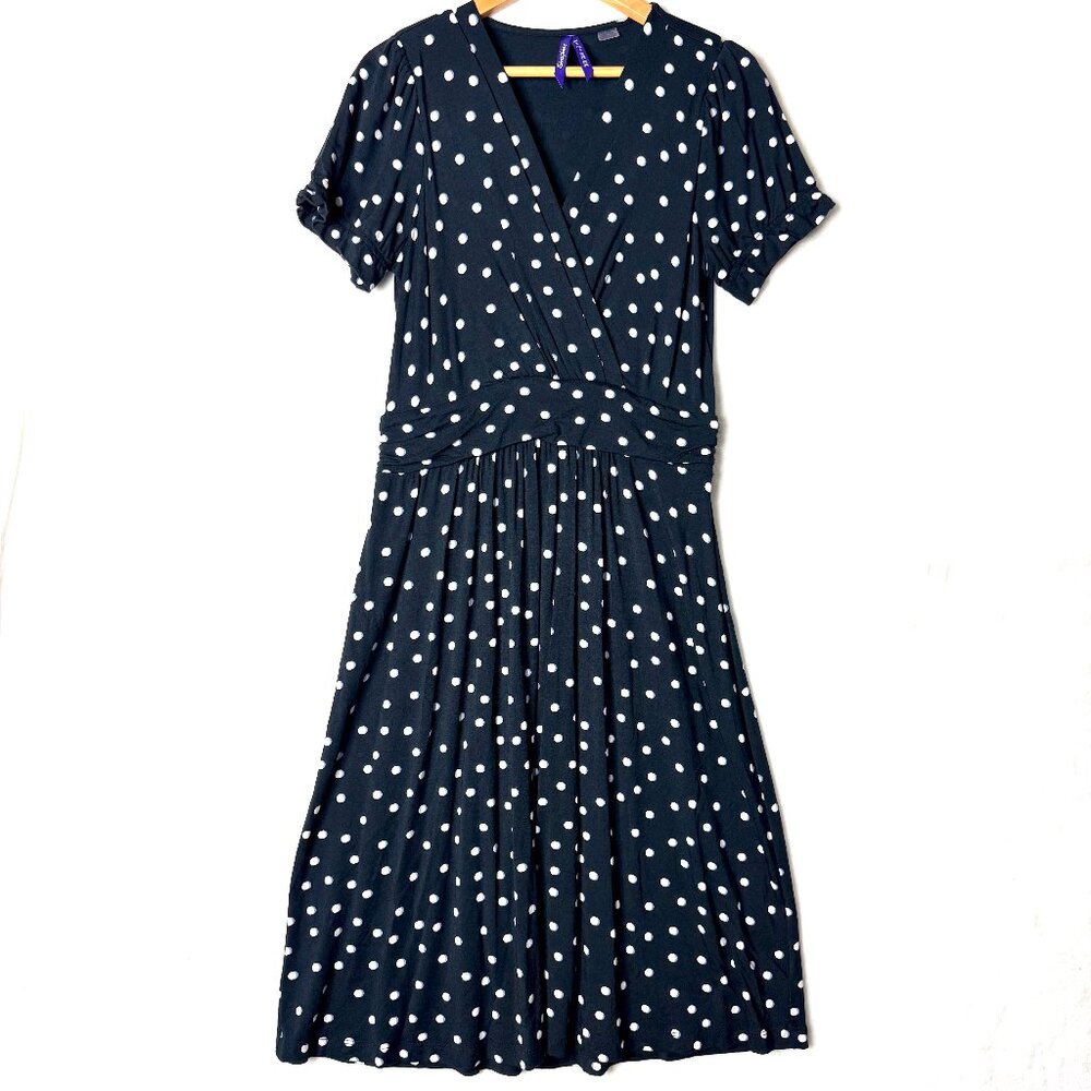 SERAPHINE Maternity Polka Dot Jersey Stretch Surplice Midi Dress US 4 Blue